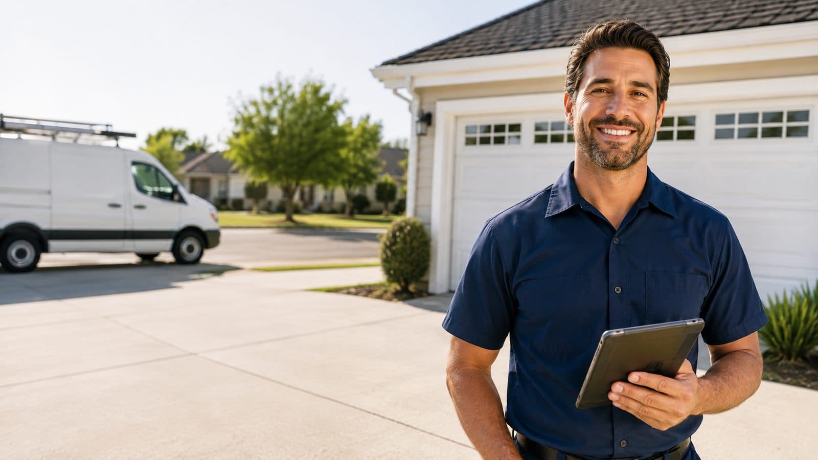USA Home Repairs technician in front of a garage door
