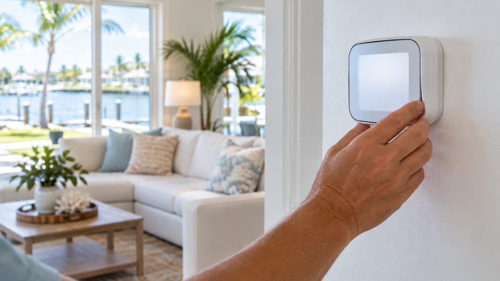 A hand adjusting a wall thermostat in a bright South Florida living room