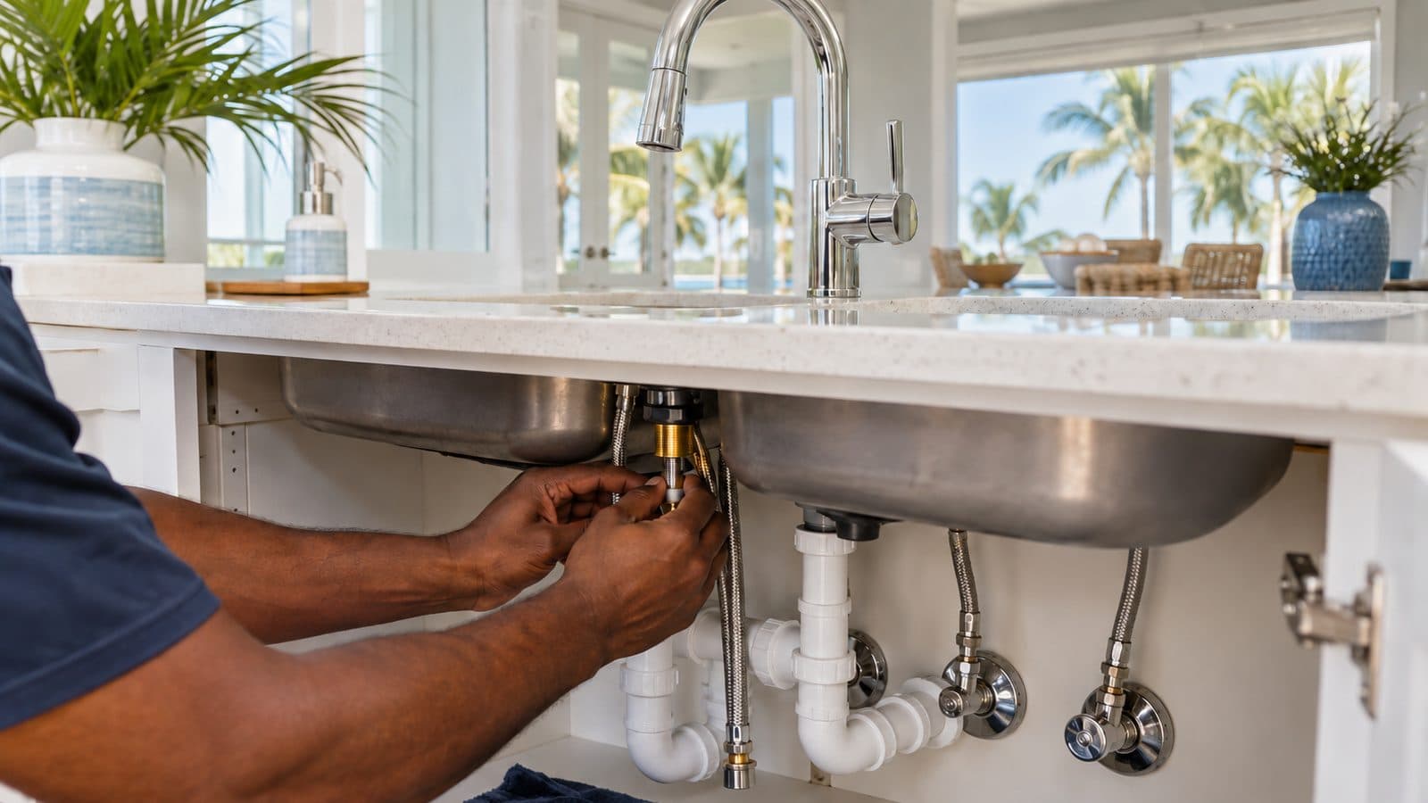 A local pro tightening the supply lines under a white kitchen sink